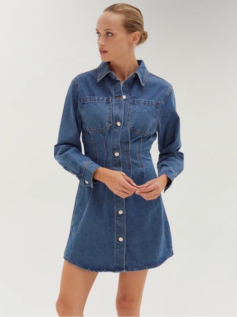 Crescent Zae Blue Denim Button-Front Mini Dress Western Boho Indie Sleeze - Picture 3 of 8